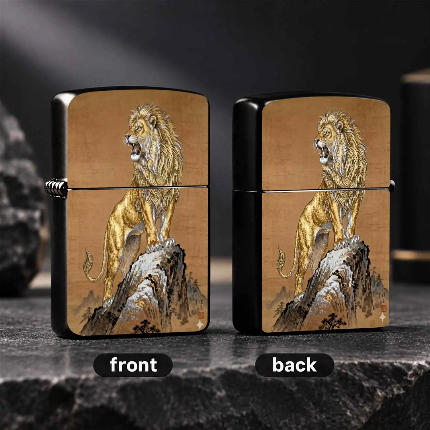Vintage Eastern Style Style Lion Pattern Lighter Exquisite Gilding Silver Foil Painting Art Elegant Standing Lion On Mountain Top Design Portable Lighter For Home Office Outdoor Scenarios Perfect Decorative Present For Friends Family Art Co