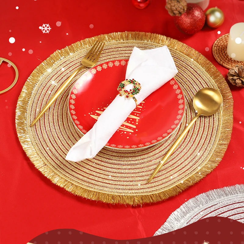 1piece Christmas Table Decor Placemat PP Shiny Silk Tassel Placemat Festival Dining Table Insulation Mat Cup Pad Pot Bowl Mat