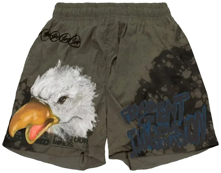 

2026 New Olive Green Eagle & Graffiti Print Mens Shorts Elastic Waist Running Workout Gym Sports Male Casual Shorts