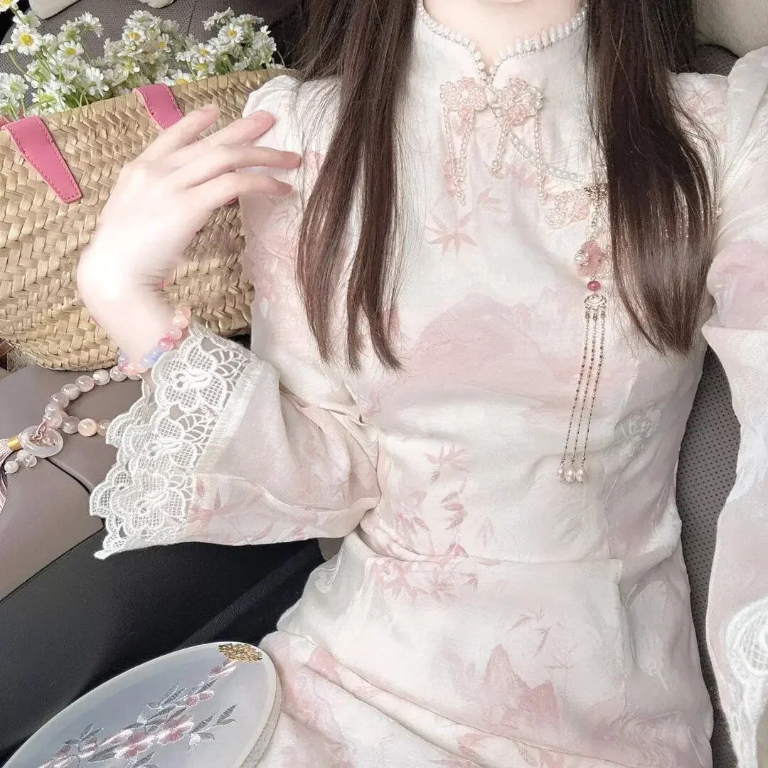 

Modern Style Princess Tea Party Dress Qipao 2025 Spring Sweet Pink Stand Collar Printed Lace Sleeves Cheongsam Dress for Women