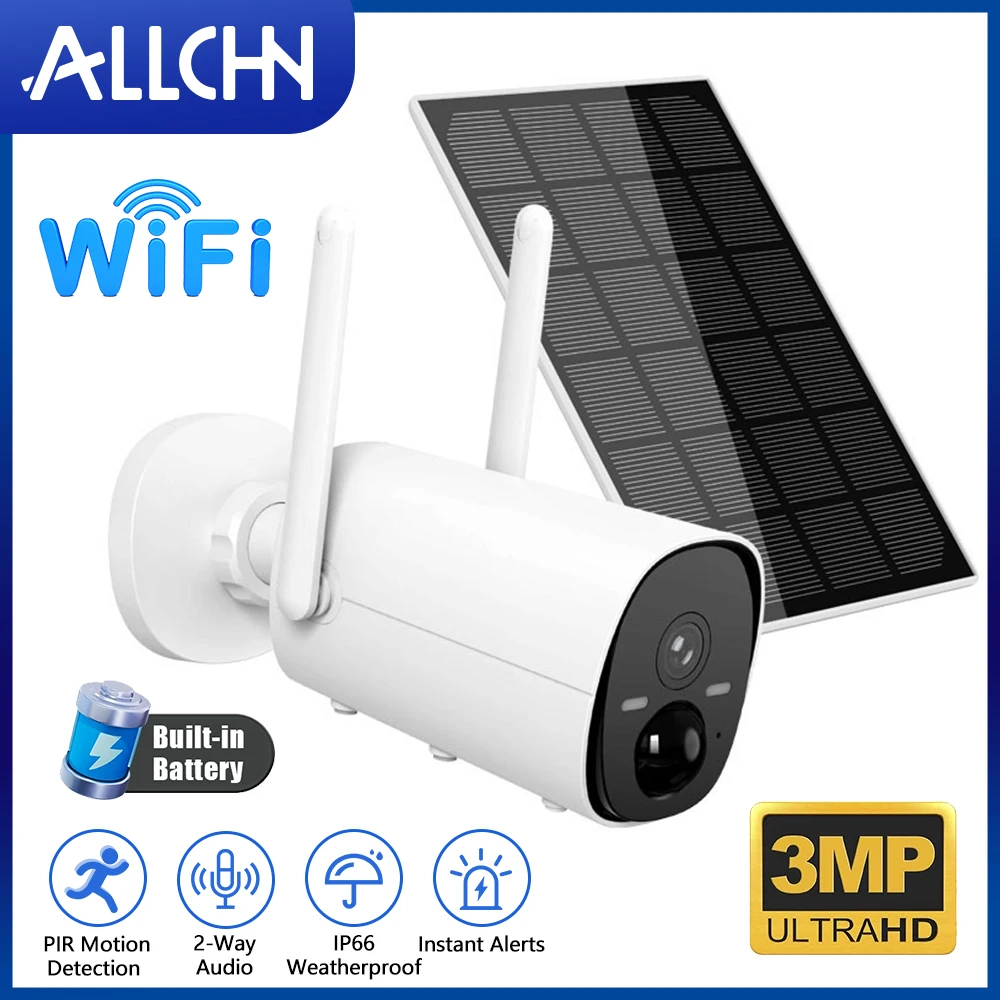 Allchn กล้องพลังงานแสงอาทิตย์ WiFi ไร้สาย, กล้อง IP กล้องรักษาความปลอดภัยแบตเตอรี่แบบชาร์จไฟได้พลังงานแสงอาทิตย์กลางแจ้งกันน้ำ3MP