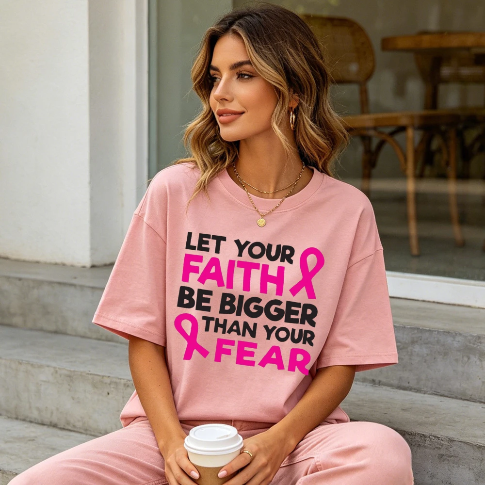 Let Your Faith Be Bigger Than Your Fear Ribbon Letter Graphic Women Summer Cotton T Shirt Faith Warrior Short Sleeve Daily Top