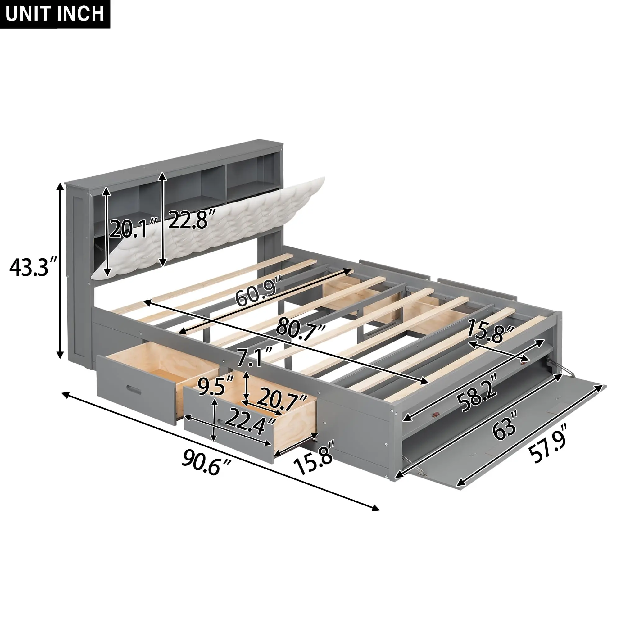 TSEA Queen Size Platform Bed with Storage board and Shoe Rack, Multi-Functional Upholstered Bed Fe with Ders for - view 2