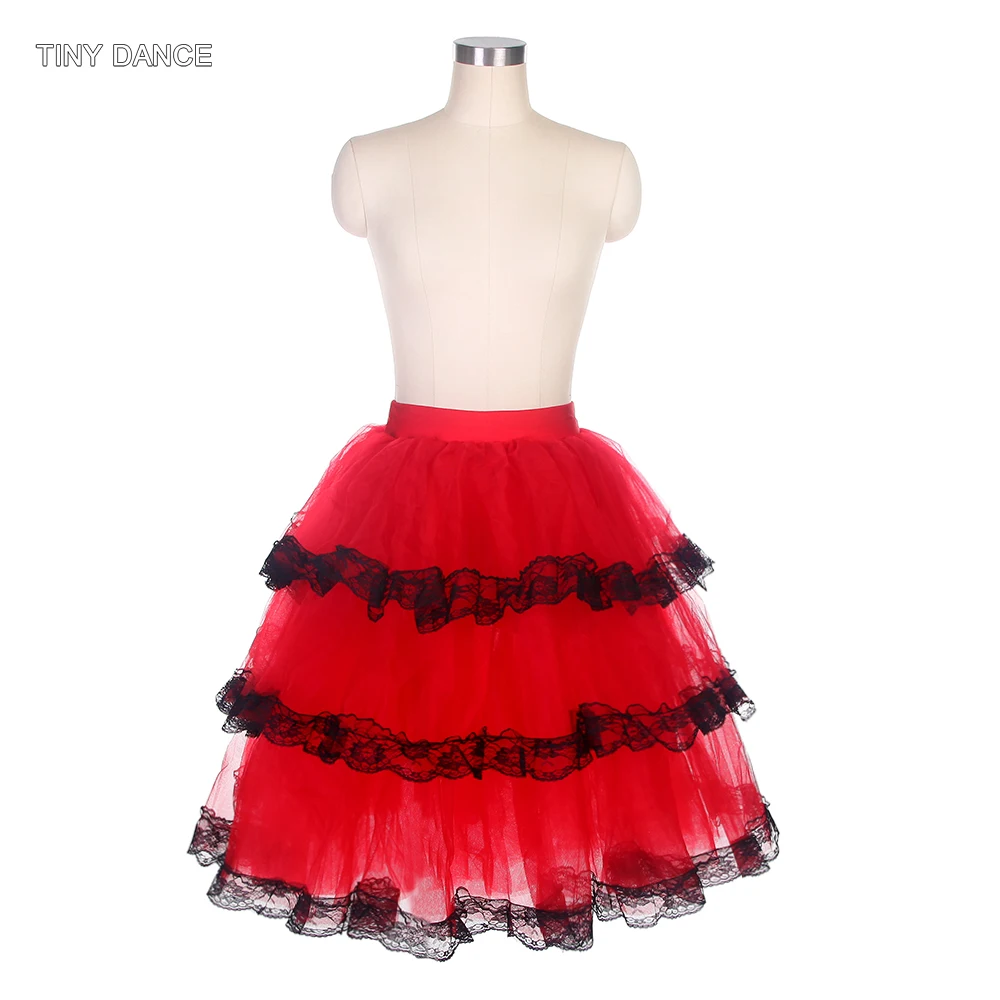 

Spanish Red Ballet Dance Tutu with Black Lace Trim Skirt Spandex Waist Band Half Tutu Practice or Performance Tutus 20524