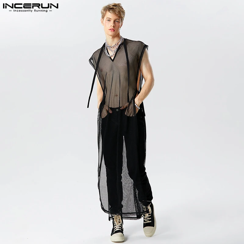 Stylish Casual Style Tops INCERUN Men\'s Sexy See-through Mesh Long-style Tank Tops Male V-neck Strap Sleeveless Thin Vests S-5XL