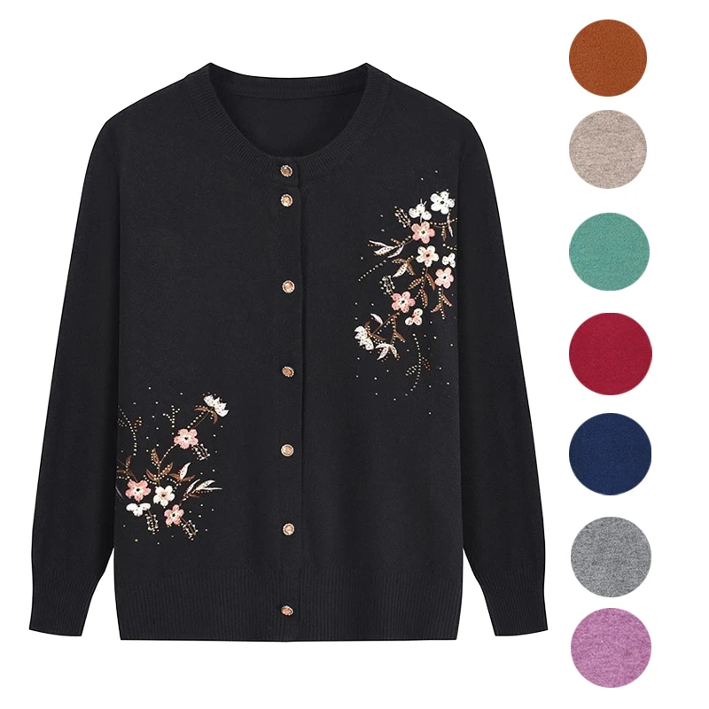 Printing Knitwears Grandma's Spring Autumn Sweater Coat Middle-Aged Mother Cardigan Embroidered Wool Knitting Top For Women