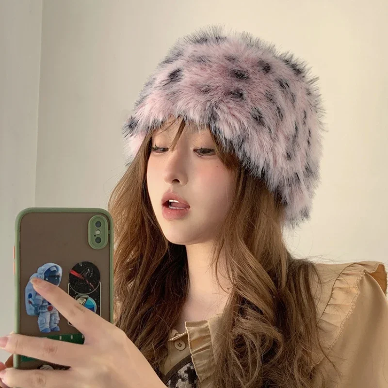 Retro Hot Girl Leopard Plush Bucket Hats Women Autumn and Winter Imitation Fur Thickened Thermal Pullover Fashiona Basin Cap