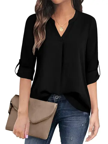Women Elegant V-Neck Blouse Long Sleeve Roll Up Tops Casual Solid Color Loose Office Work Shirt Female Tunic Clothes