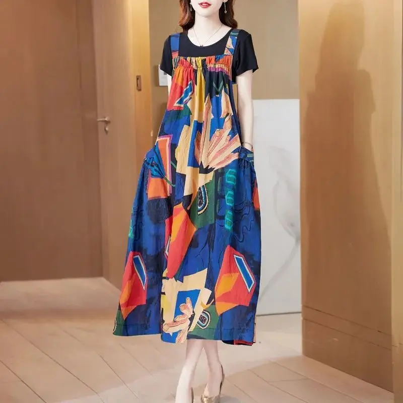 

Summer New Floral Loose Pleated Ladies Dresses Printing Plus Size Two-piece Set Midi Dress Vintage Casual Women Clothing