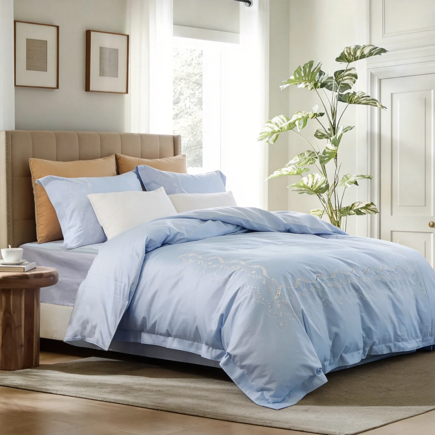

Pure Cotton 4-Piece Set Embroidered Bed Linen, Light Blue, Elegant Luxurious, Home Decor Accessories