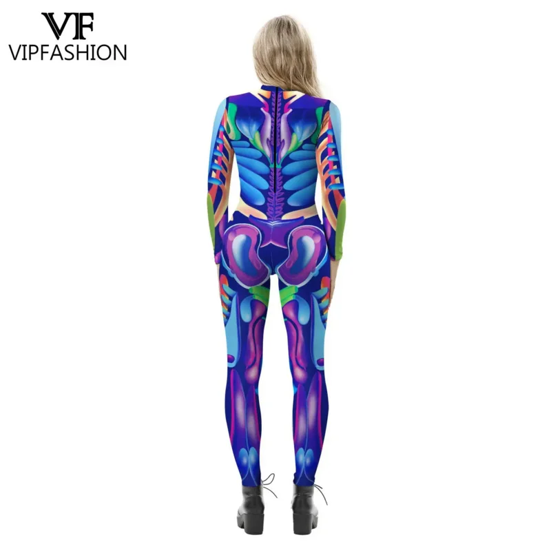 Vip-halloween traje para as mulheres, esqueleto impresso macacões, cosplay colorido gradiente, zentai catsuit