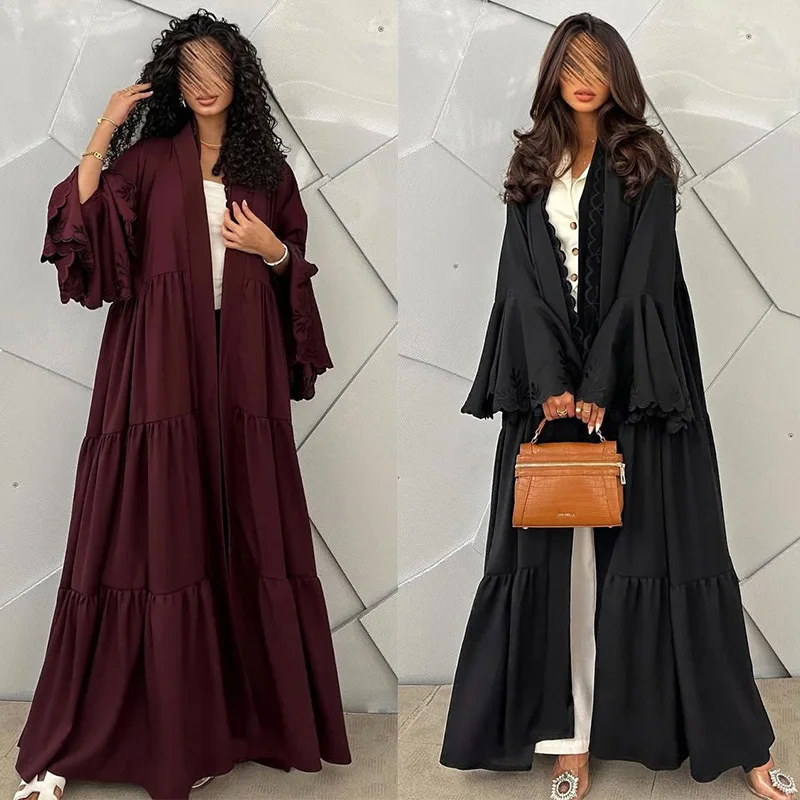

Women's Solid Color Embroidered Abaya Maxi Dress with Ruffled Flared Sleeves Tiered Skirt & Matching Hijab 100% Polyester