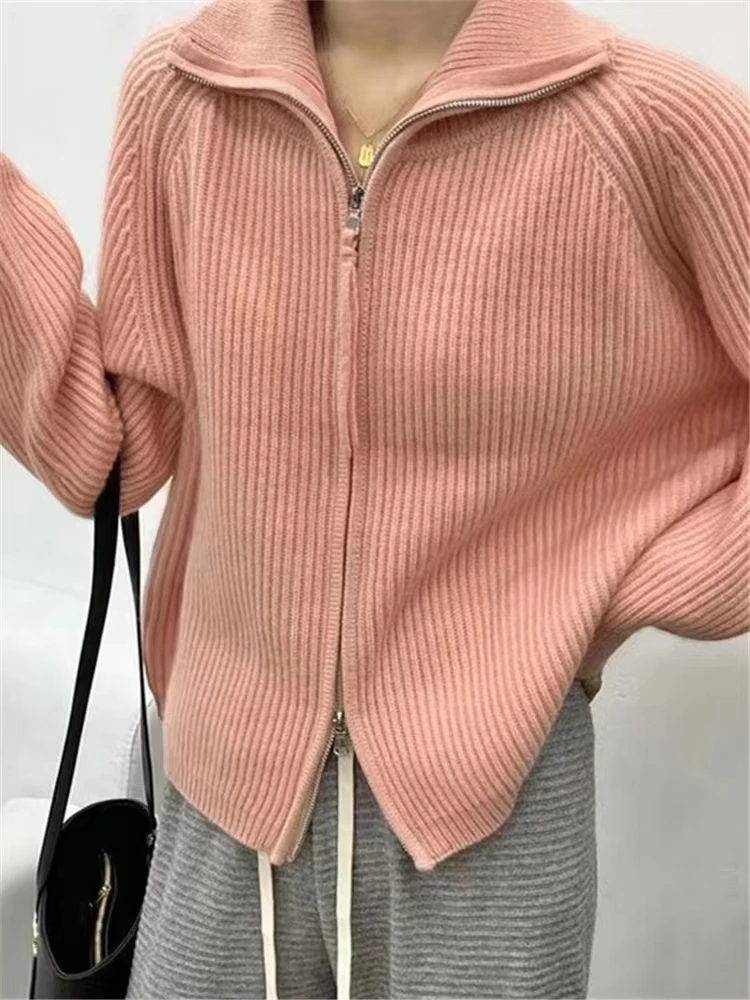 Zippered Lapel Cashmere Sweater Women\'s Thickening Cardigan Loose 100% Wool Jacket Korean Version Fashion Knitted Sweater Top