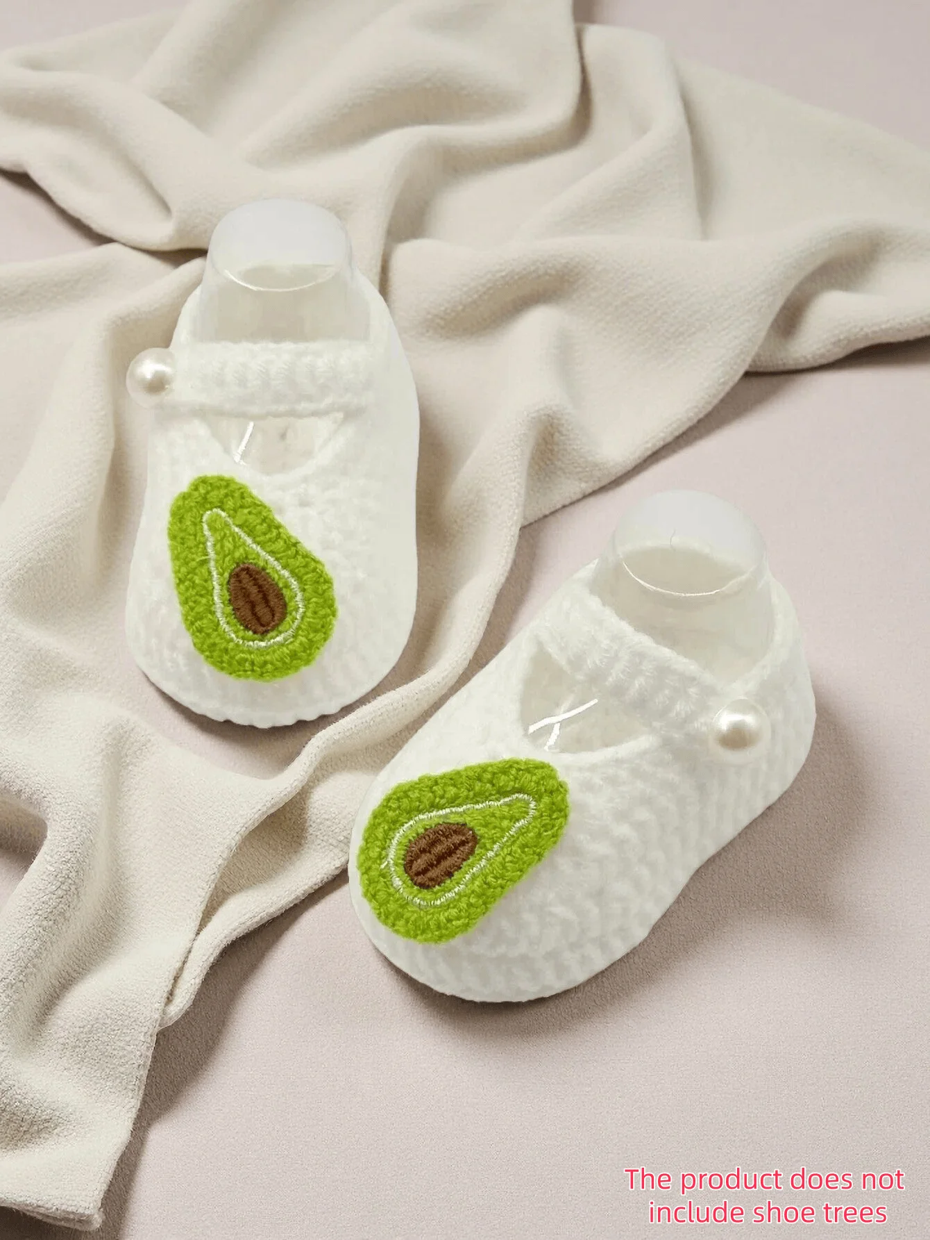 1 Par de Botitas de Bebé Tejidas a Crochet con Adorno de Patrón de Kiwi y Botón de Perla, Blancas, Zapatos para Recién Nacido