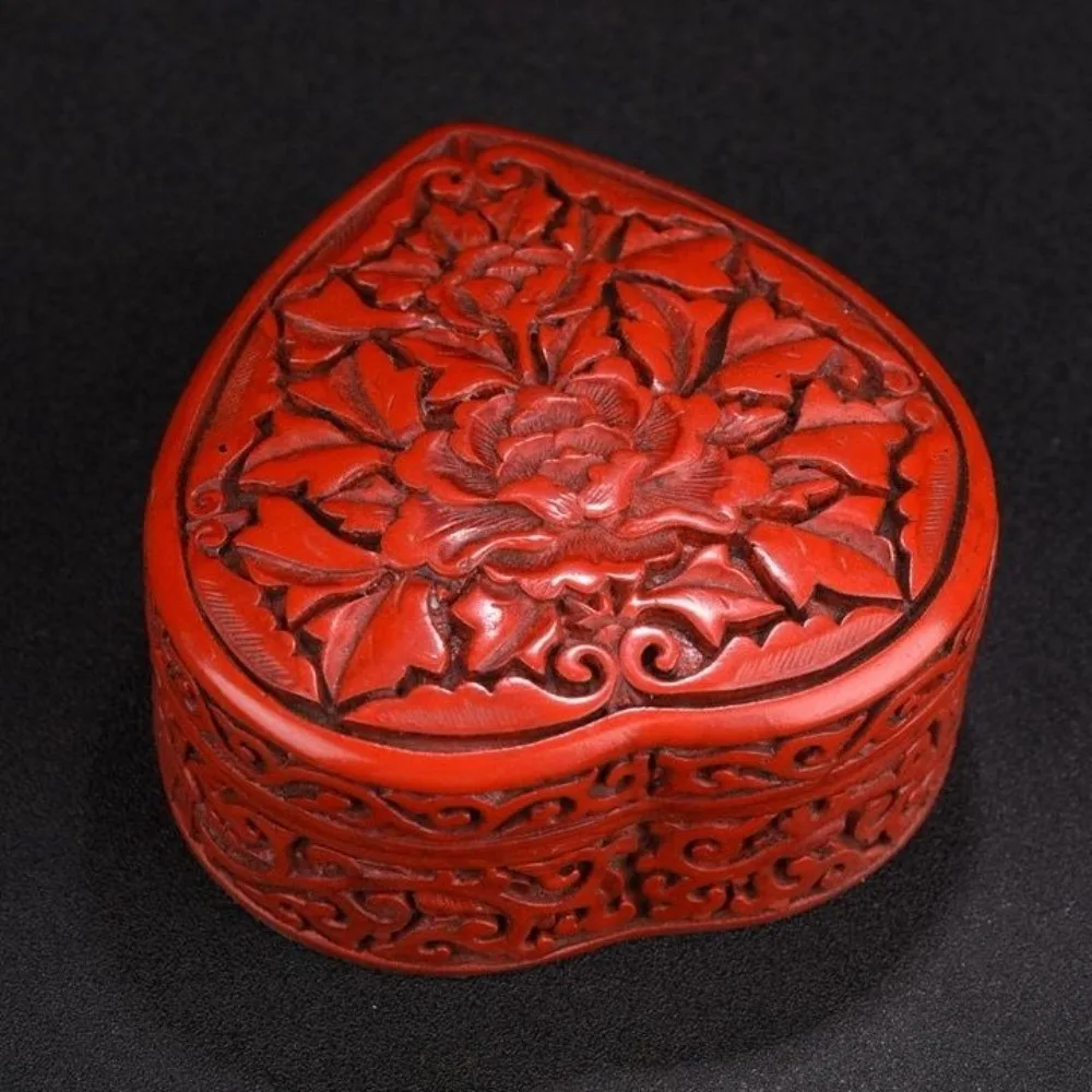 Antique Collectible: Carved Red Lacquer Heart-Shaped “Yutang Fugui” Box—Home Decor Piece