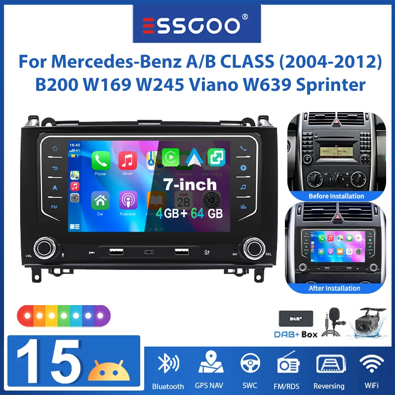 ESSGOO 7-Zoll Android 15 4+64G Autoradio für Mercedes-Benz A/B Klasse W169 W245 W639 Vito (2004-2012) B160/B170/B180/B200 Kabelloses Carplay Android Auto GPS-Navigation RDS FM WLAN Mirror Link