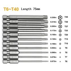 T7-T40 Magnetic Head Torx Screwdriver Bit 75mm Security Tamper Proof Star Electric Screwdriver Hand Screwdriver Electric Drill