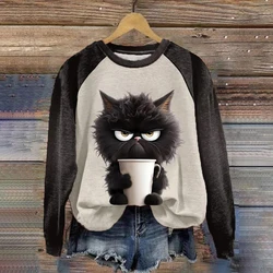 Women O-Neck Tops Funny Cute Cat Art Print Casual Cotton Hoodie Sweatshirt Kawaii Animals Pattern Pullover Female Clothing