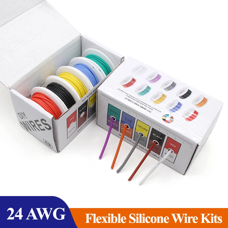 

5 Reel Mix Kit 24AWG Boxed Soft Silicone Wire Stranded Cable Electrical Flexible Tinned Copper Wires Heat Resistant 200℃ DIY