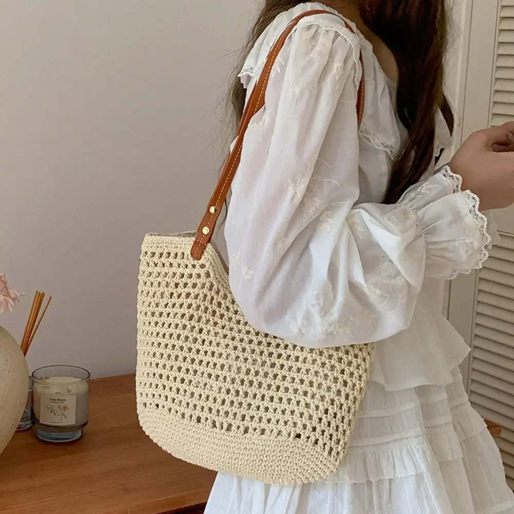 

Simple Shoulder Bag Weave Straw Bag Hollow Out Tote Bag Beach Bag Bohemian Style Large Capacity Holiday