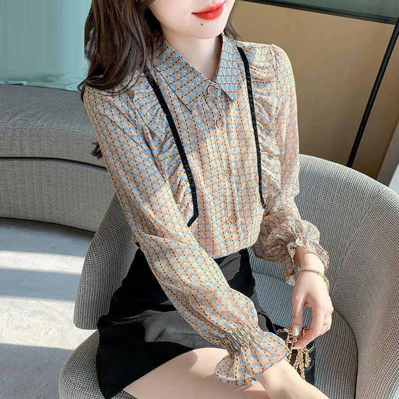 Women\'s Korean Fashion Print Ruffles Button Up Shirt Office Lady Elegant Chic Lapel Blouse Loose Long Sleeve Tops Casual Blusas