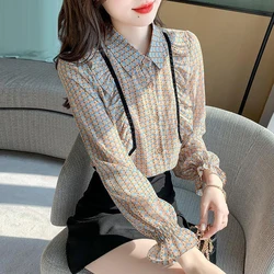 Women's Korean Fashion Print Ruffles Button Up Shirt Office Lady Elegant Chic Lapel Blouse Loose Long Sleeve Tops Casual Blusas