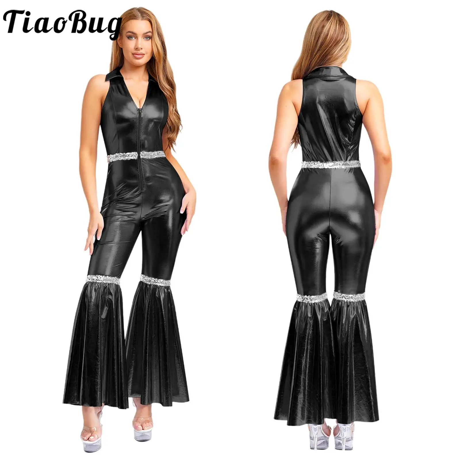 

Women One-piece Rompers for Disco Party Jazz Tap Dance Performance Bodysuit Shiny Flare Pant Retro Party Jazz Dance Outfits