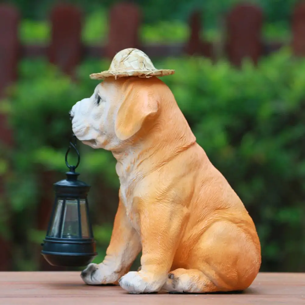 Garden Puppy with Straw Hat Lantern Weather-resistant Puppy Sculpture Light with Solar Led Lantern for Outdoor Decor Yard Patio