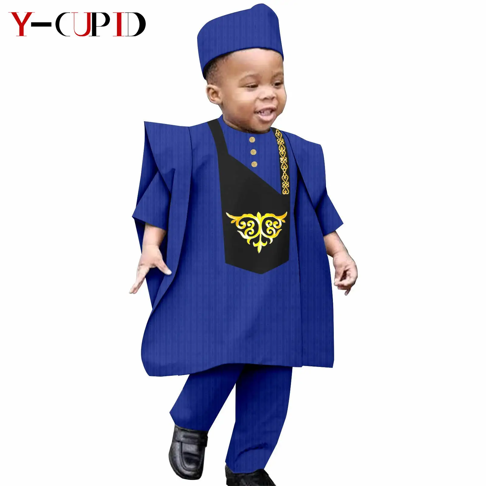 Africa Clothing Bazin Riche Boy Outfit Muslim Sets Shirt Pant Robes Cap Kids Children Suits Agbada Traditional Outwear Y234013