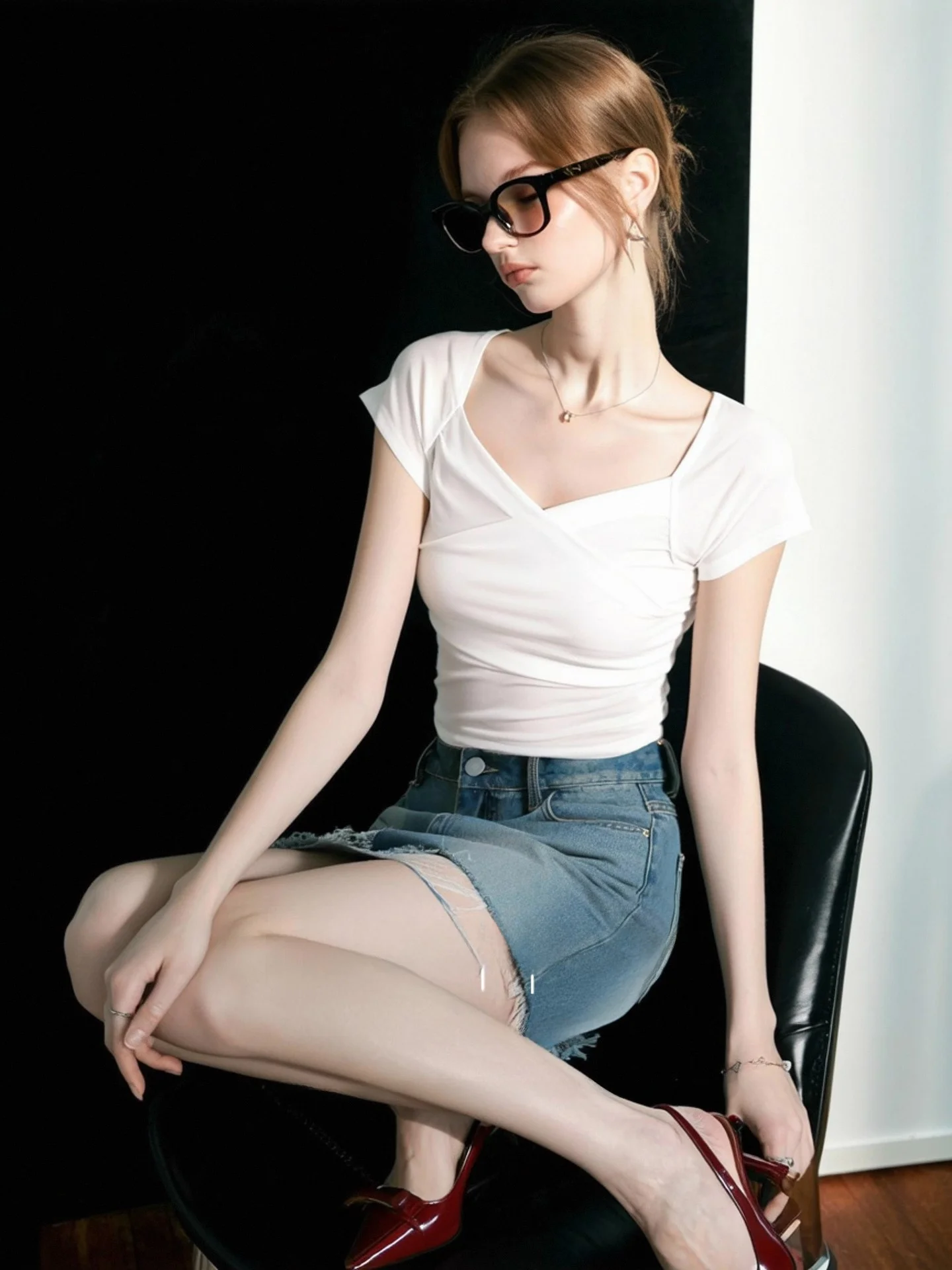 Huaappuw Slim Fit V-Neck T-Shirt Women's Summer New Style Transparent Design Sense Top French Style Short Sleeve T-Shirt