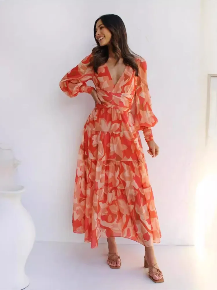 Autumn New Flower Print Long Dresses Women Fashion Temperament V-neck Long Sleeve A-line Dress Elegant Lady Commuting Vestidos