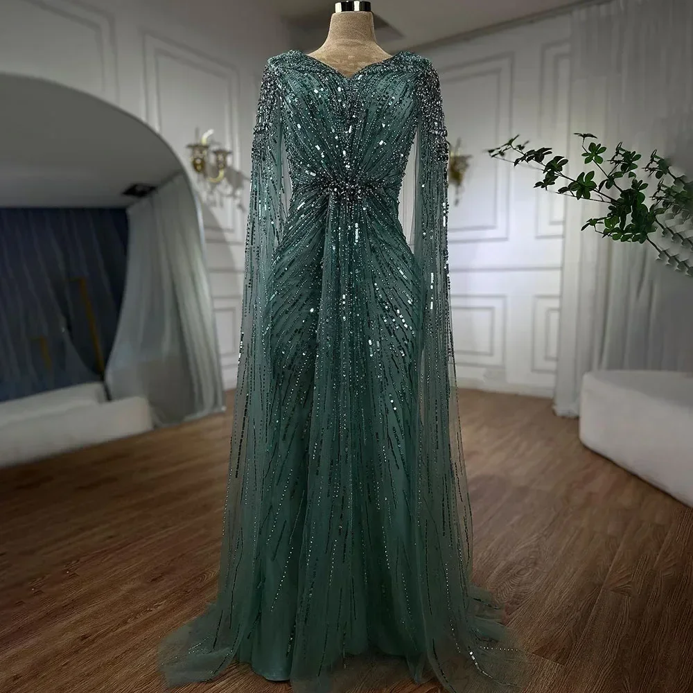 Serene Hill 2025 Customized Arabic Turquoise Mermaid Beaded Cape Sleeves Evening Dresses Gowns For Formal Occasio LA72168