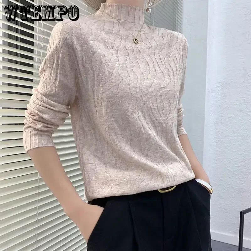 WTEMPO Women Autumn Winter Korean Half High Collar Basic Knitwear Long Sleeve Slim Knitted Sweater Solid Pullover Tops Ropa