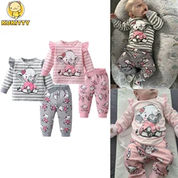 Spring Autumn Toddler Baby Girl 2pcs Clothes Set Cotton Cute Printed Long Sleeve Round Neck T-Shirts + Pants Newborn Outfit