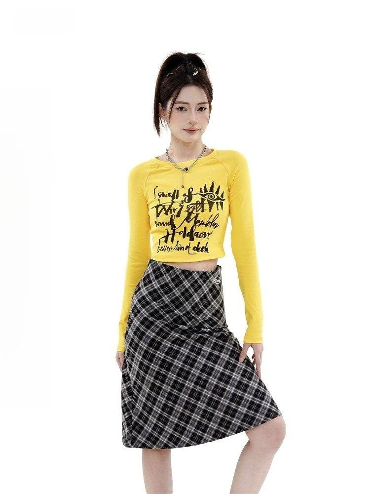 

XFX American Retro Plaid Midi Skirt Women's Spring Design Slimming Hot Girl Butt Skirt High Waist Polyester Blend A-Line Skirt