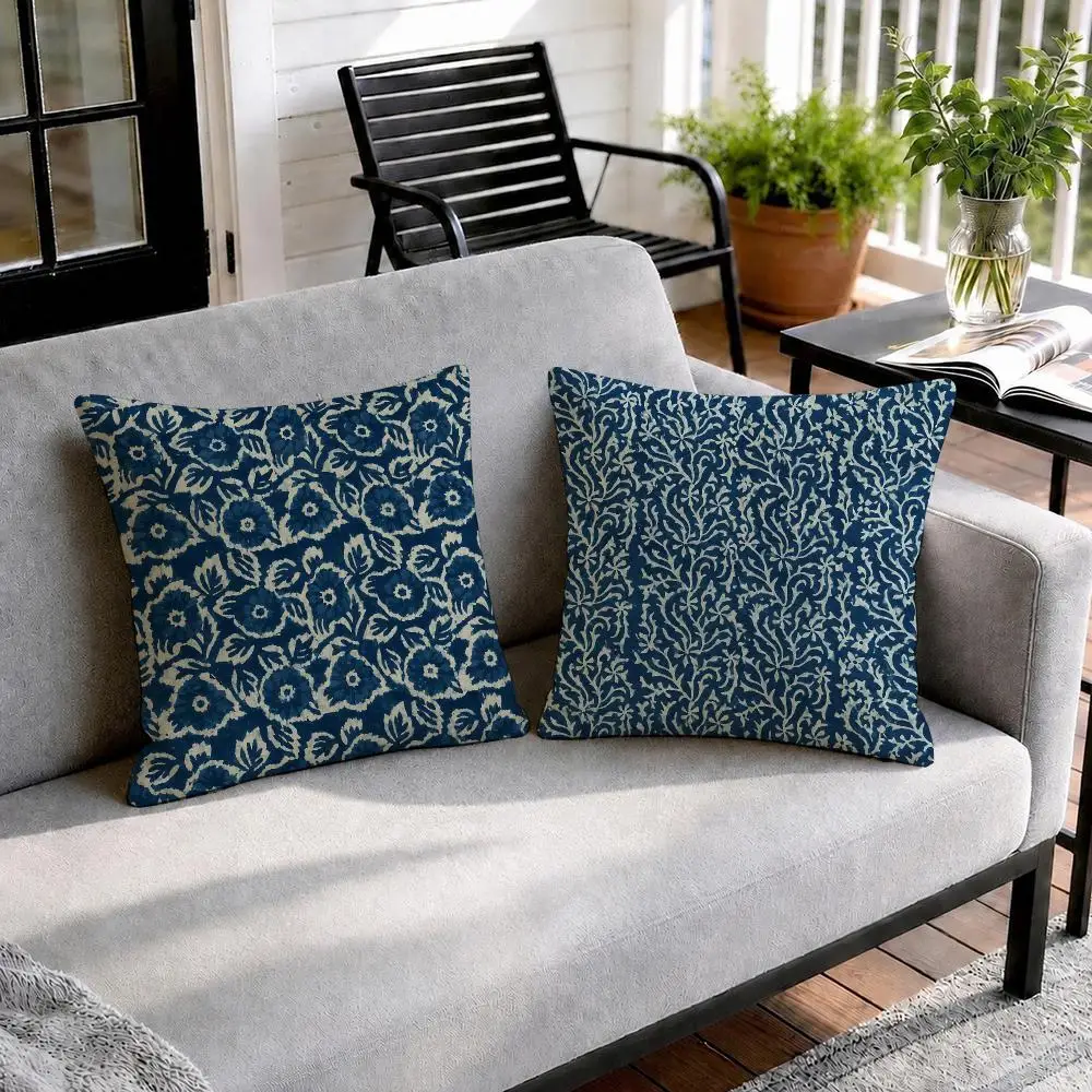 Indigo Batik Seamless Cushion Cover Natural Linen Organic Fabric Double-Sided Printing Sofa Home Decor Gift Pillow Cover
