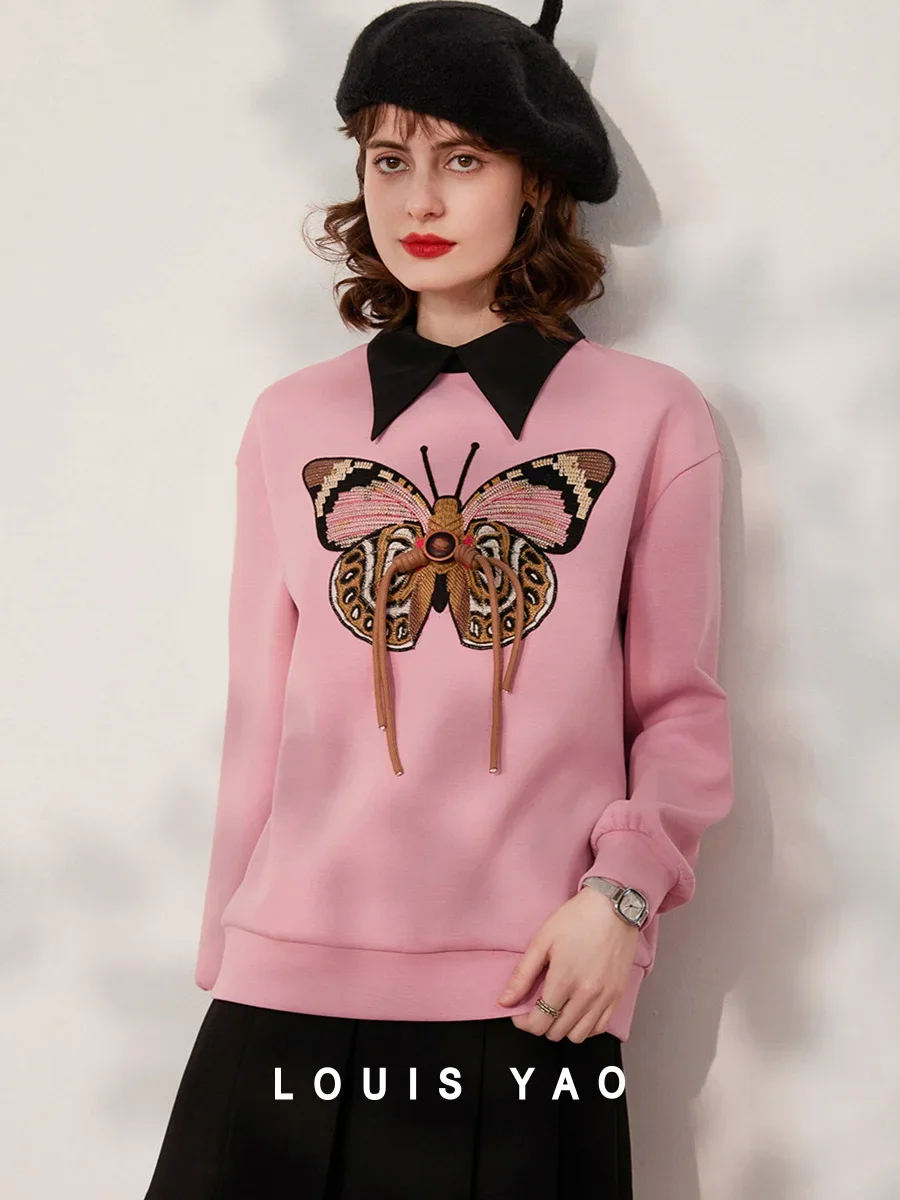 2024 Spring and Autumn Butterfly Embroidery Loose Sweater Fashionable Age-Reducing Lapel Drop Shoulder Long Sleeve Women\'s Top