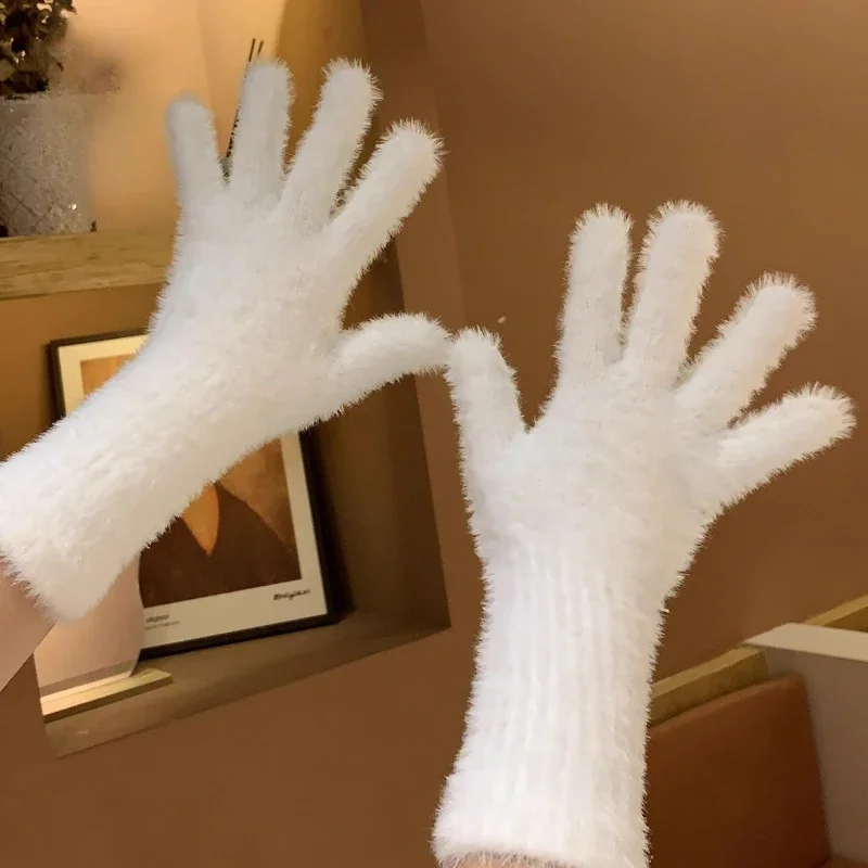 قفازات محبوكة طويلة شتاء دافئ شاشة سميكة قفازات من الفرو القفازات الصلبة للهاتف المحمول هاتف لوحي وسادة المرأة قفازات صوف الكشمير
