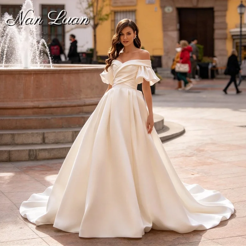 Ruffle Puff Sleeve Bridal Gown Satin A-line Off Shoulder Court Train Vestidos De Novia Customized