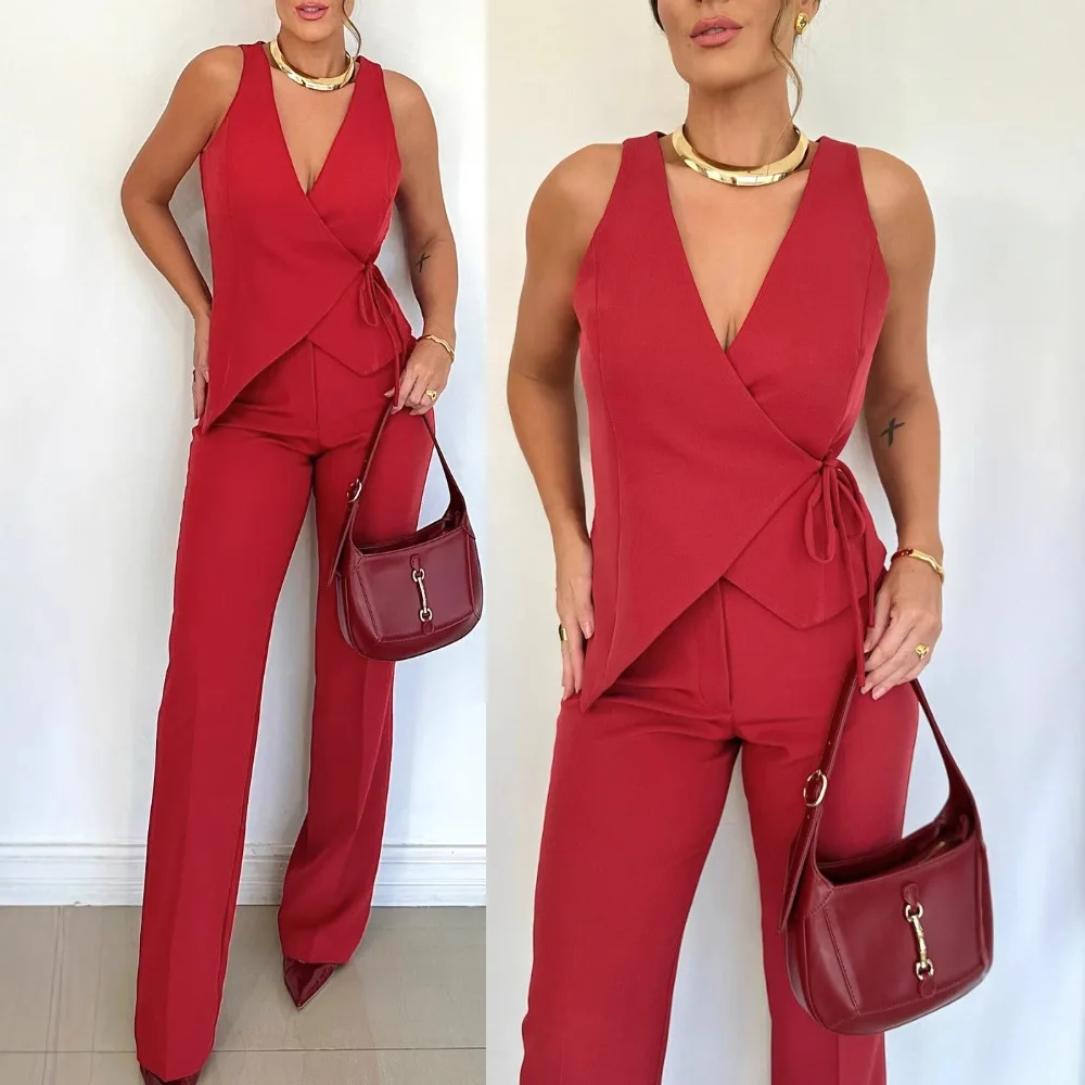 

Women Fashion Summer 2 Pieces Outfit Plunge V Neck Waist Lace Up Vest & Casual High Waist Straight Pants Set