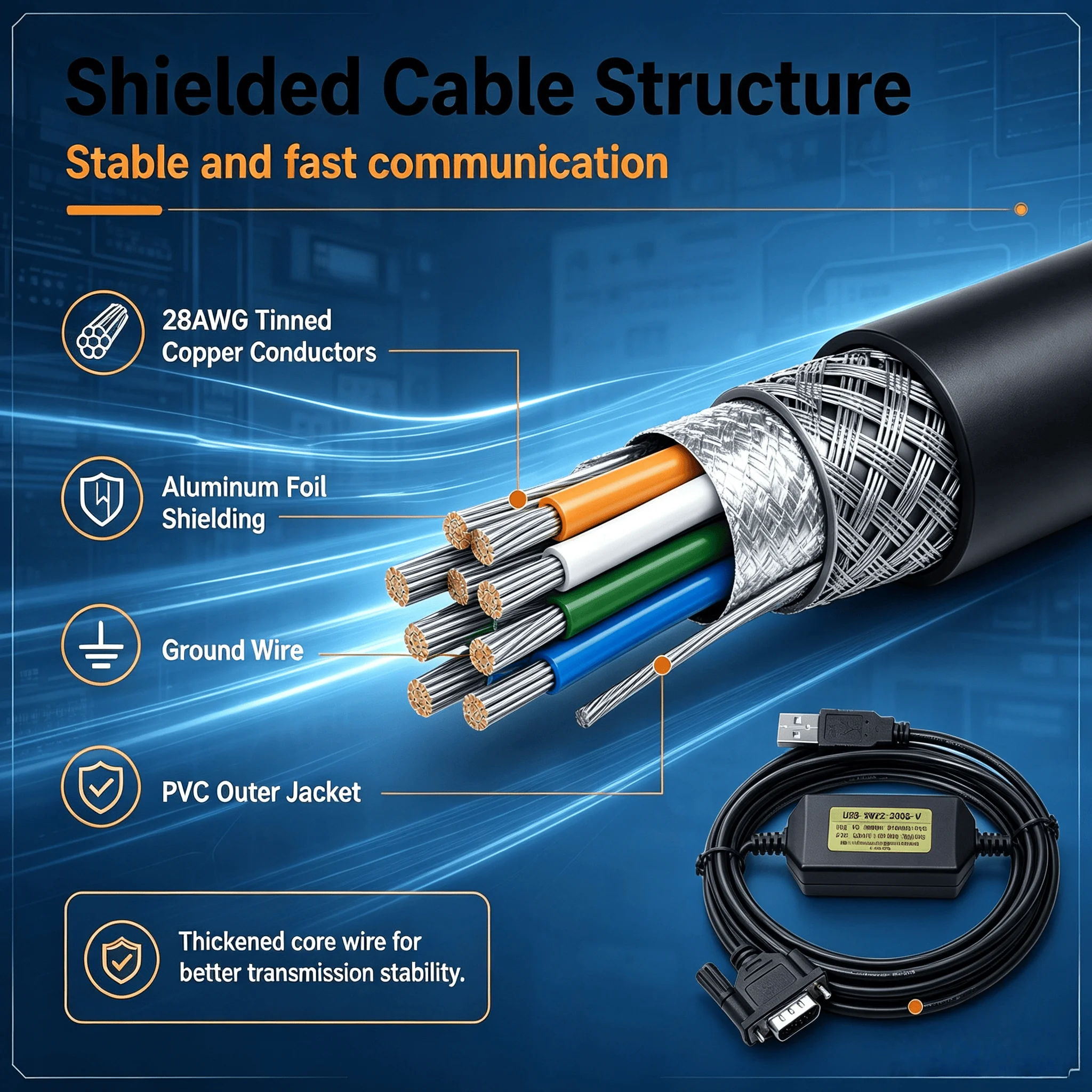 USB-XW2Z-200S-V PLC Download Cable for Omron CQM1H CPM2C CJ1M, High Performance Cable with CH340 Chip, Tinned Copper Wire, 3M