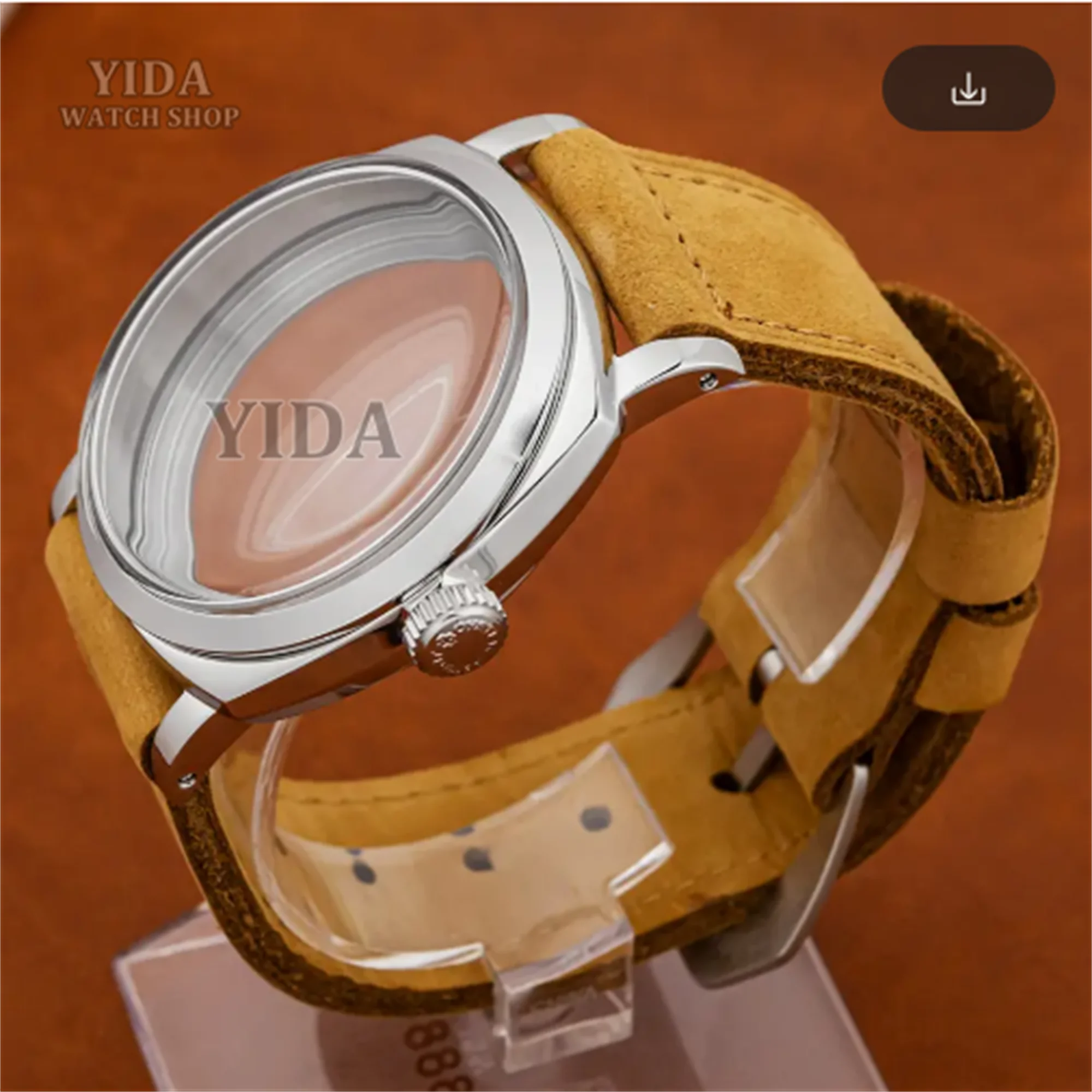 

PAM 6154 Case Vintage 47MM Mod Case Stainless Steel Arcylic Glass Bubble Mirror Genuine Leather Strap for ETA6497/6498 Movement