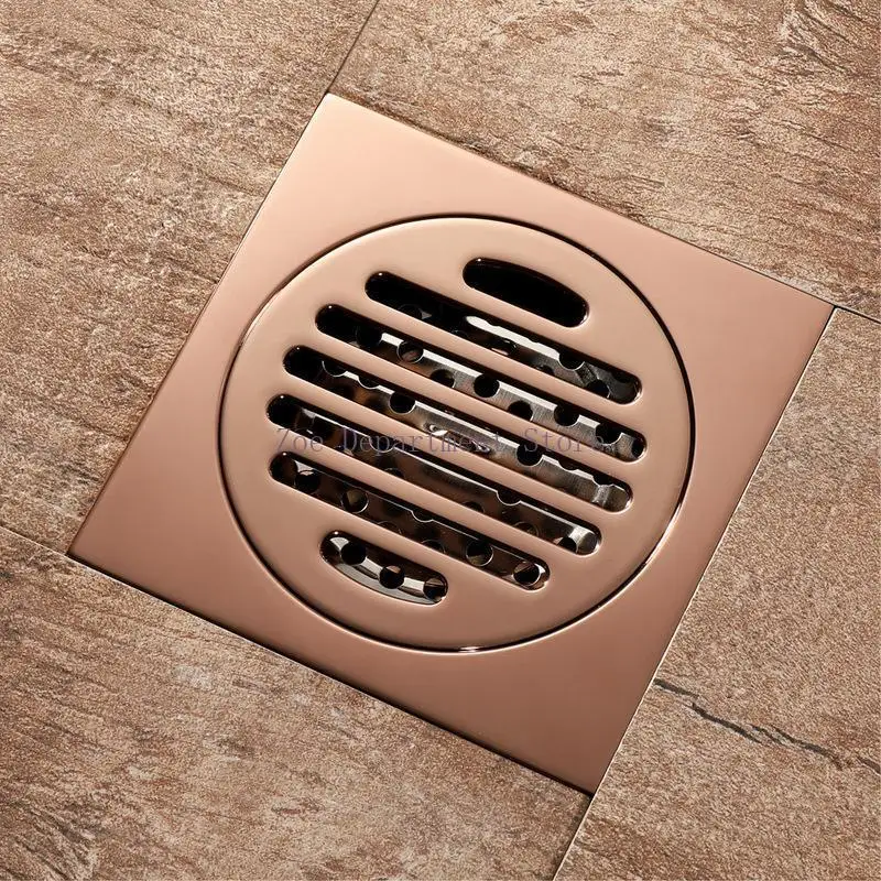 

Rose Gold Bathtub Drain Stopper Bathroom Brass Floor Shower Drain Waste 10cm Floor Anti-odor Drainer Square Toilet Drainage