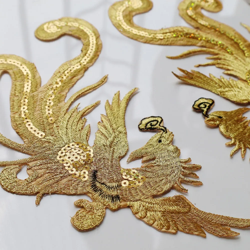 2PCS Gold Sequin Phoenix Bird Embroidered Applique Sew Iron Patch For Wedding Gown Bridal Party Dress DIY Clothes Decor Crafts