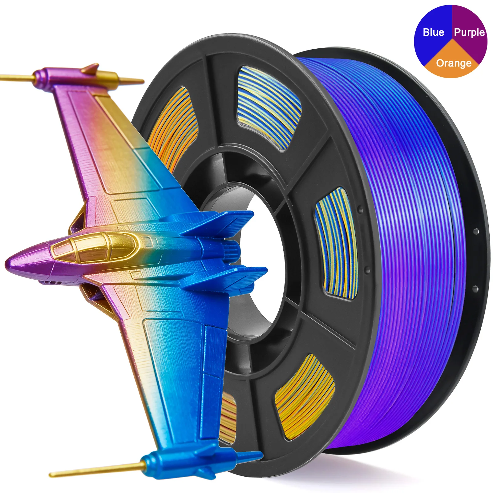 

Tricolor Silk PLA 3D Printer Filament, 1.75mm Multicolor 3D Printing Filament, Blue&purple&orange Filament, 250g (0.55lbs)