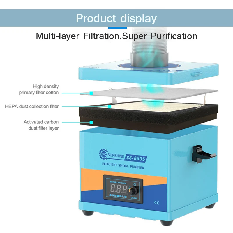 SUNSHINE SS-6605 purificatore di fumo con forte aspirazione strumento di purificazione della polvere di fumo per saldatura a filtrazione multistrato ad alta efficienza