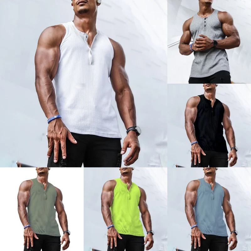 Men’s Ribbed Top Sleeveless Henley Shirt V Neck Button Slim Fit Muscle Undershirt Gym Workout Fitness Bodybuilding Vest