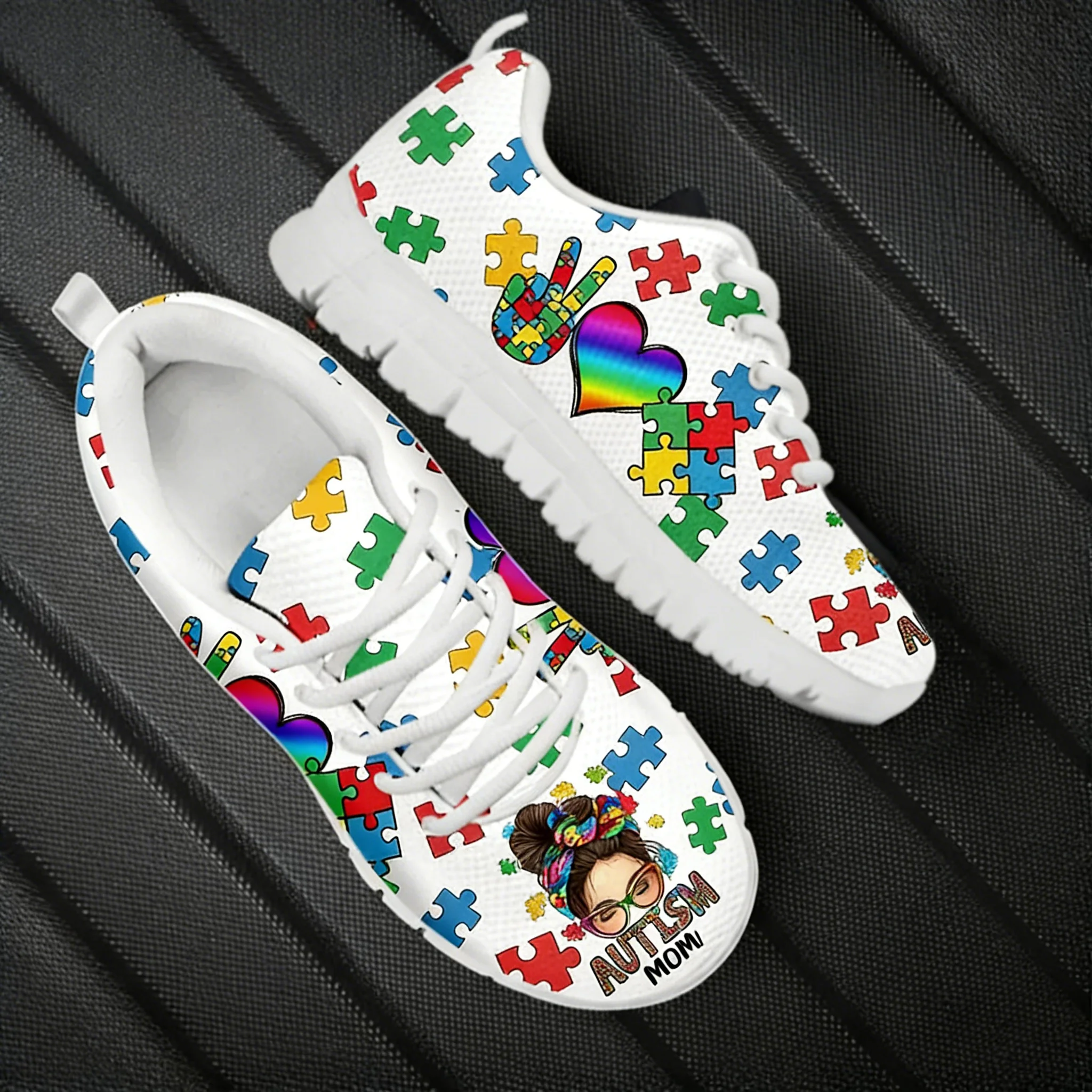 

Women's Autism Mom Sneakers Comfortable Round Toe Loose Flat Shoes Awareness Cancer Print Running Shoes Shock Absorption Walking