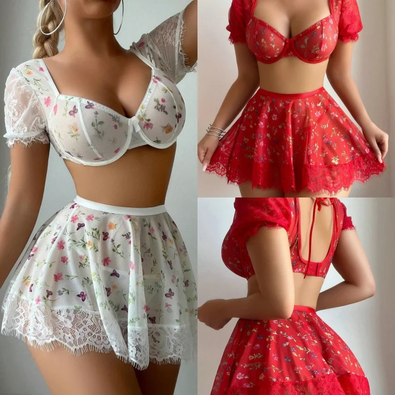 3 Pieces New Western Sexy Lace See Through Printed Mini Skirt For Women Female Ladies Charming Alluring Erotic Lingerie Set view 6
