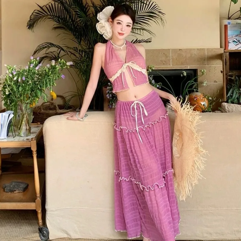 Sweet and Super Fairy Pink Pure Desire Wind Split Long Skirt Beach Island Three Piece Set Hanging Neck Sexy Swimsuit for Women